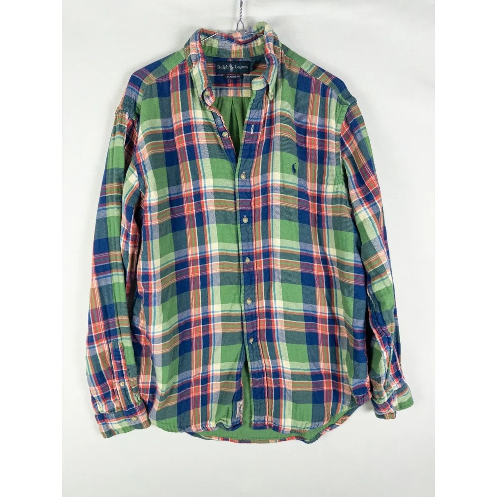 Ralph Lauren Classic Fit Plaid Button Down Shirt Mens L Green Multicolor Preppy